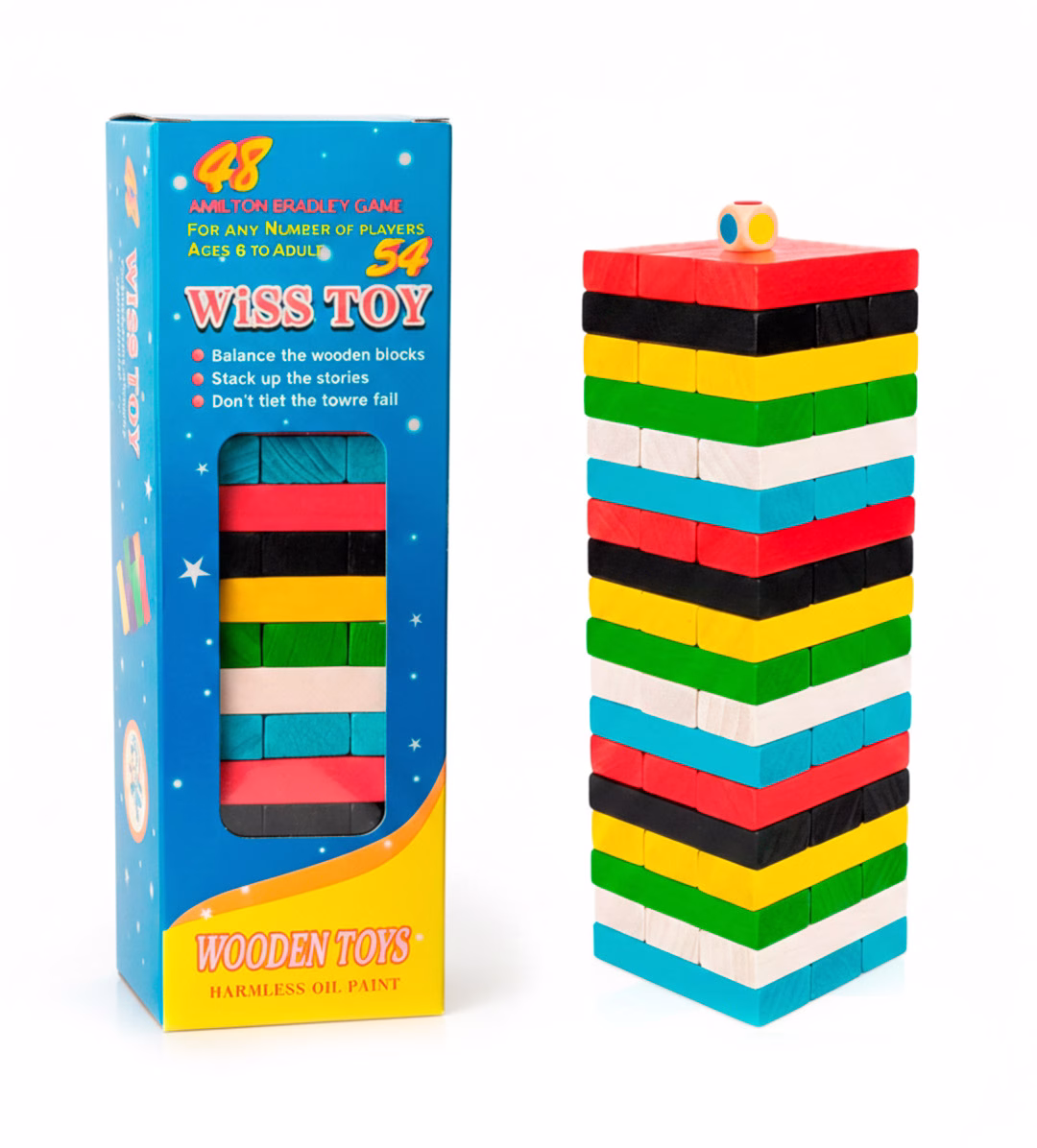 Torre-de-Equilibrio-tipo-Jenga-Madera-de-Colores-–-Juego-de-48-Bloques0