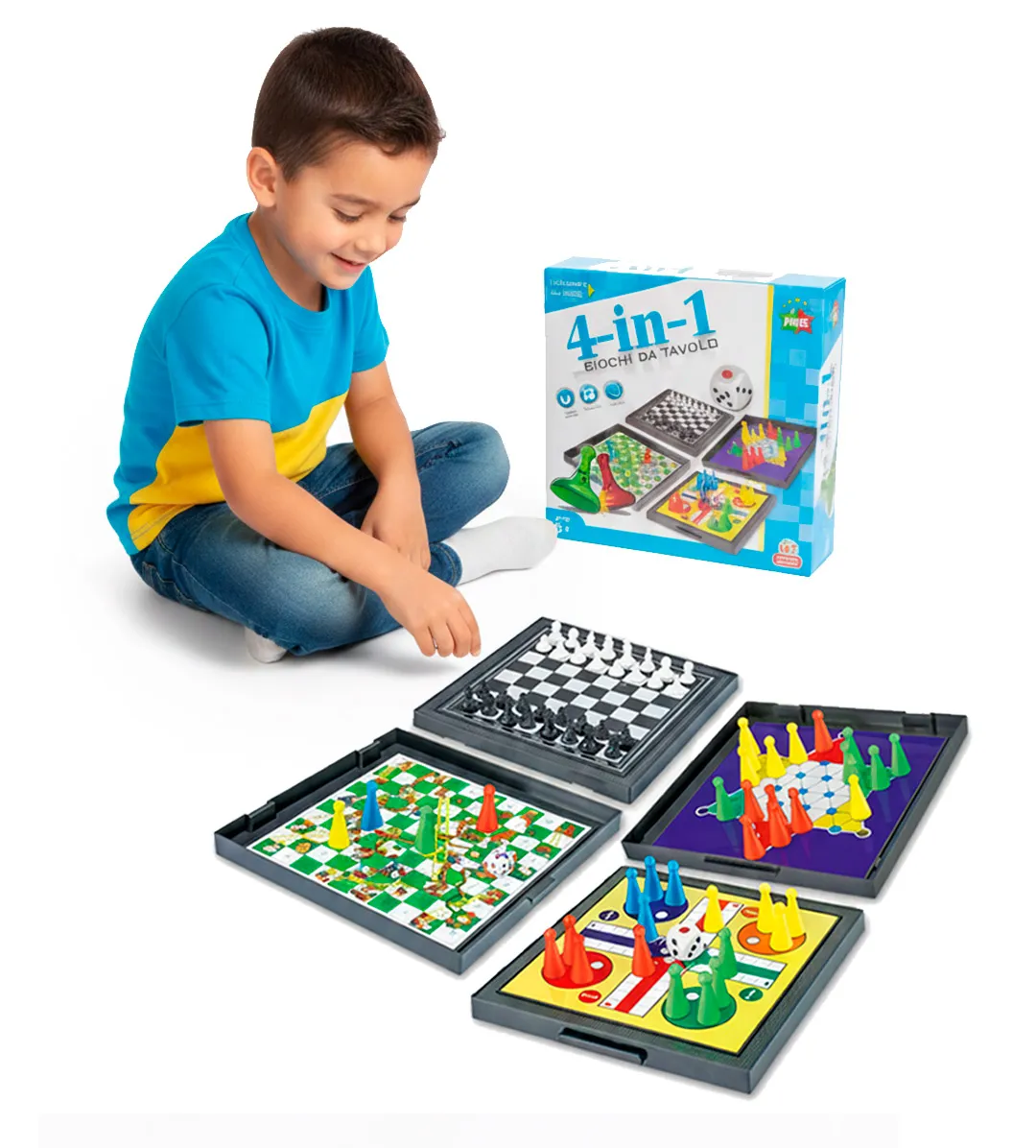 Set-de-Juegos-de-Mesa-4-en-1-Magnético-Ajedrez,-Ludo,-Damas-Chinas-y-Serpientes-y-Escaleras-Portátil-y-Plegable-niño-jugando